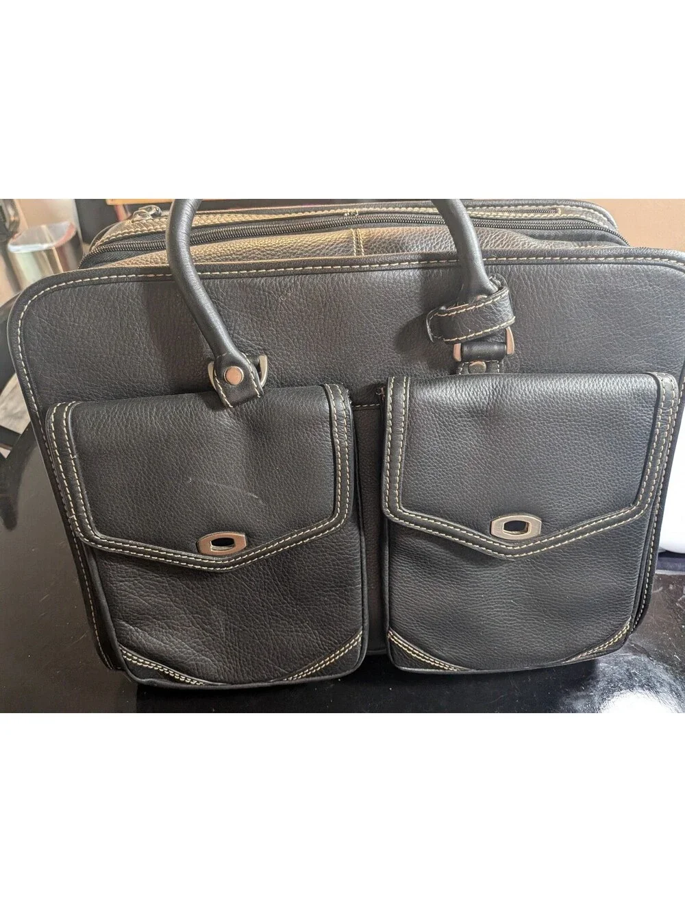 Black Leather Business Briefcase Laptop Bag Multi Compartment Dual Front Pockets